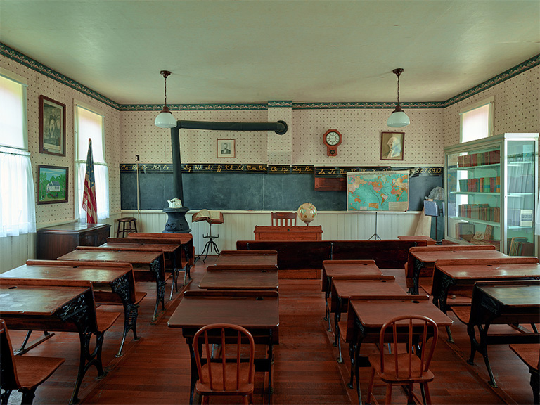 Interior of the one-room West Boyer Valley schoolhouse at the Harrison County Historical Village and Iowa Welcome Center, outside the town of Missouri Valley on U.S. Highway 30, the historic Lincoln Highway that crosses the nation