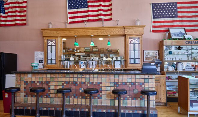 A vintage downtown soda fountain, part of the Ackley Heritage Center that also includes prairie houses and farm buildings on the outskirts of town in Ackley, Iowa A vintage downtown soda fountain, part of the Ackley Heritage Center that also includes prairie houses and farm buildings on the outskirts of town in Ackley, Iowa