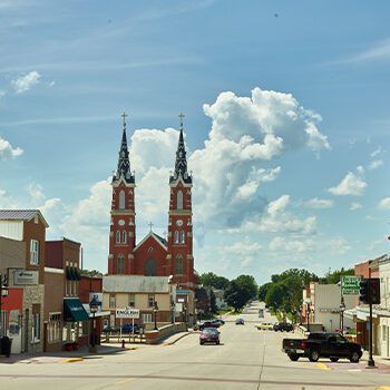 Downtown Dyersville, Iowa. In the distance is the Basilica of St. Francis Xavier, which was named in honor of the missionary Saint Francis Xavier Downtown Dyersville, Iowa. In the distance is the Basilica of St. Francis Xavier, which was named in honor of the missionary Saint Francis Xavier