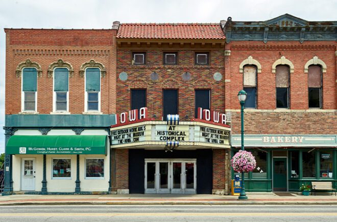 The Iowa Theatre, in Winterset, Iowa, opened as a vaudeville theatre in 1900 and it later screened silent films and by 1931 was showing talkies